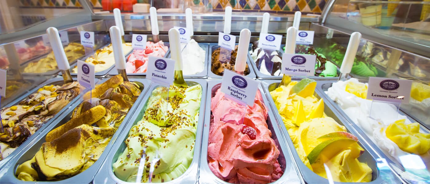 A cooler filled with an assortment of colourful and creamy gelato available at the Gelateria at Loews Portofino Bay Hotel.