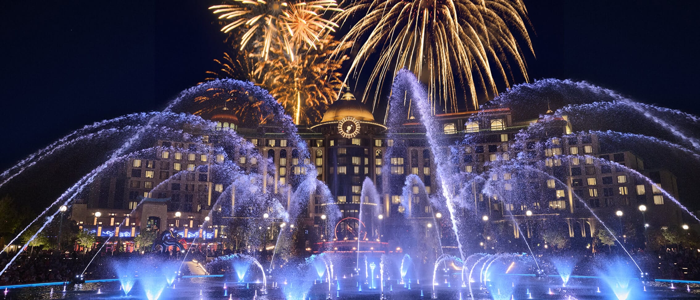 Fireworks and illuminated fountains during the Celestial Goodnight night show at Epic Universe.
