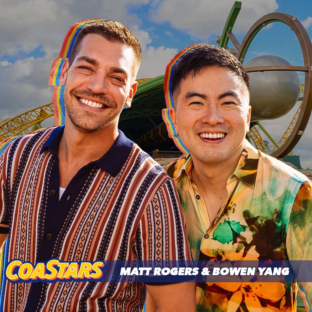  Bowen Yang and Matt Rogers, from the podcast "Las Culturistas", pose for a photo in front of Stardust Racers.