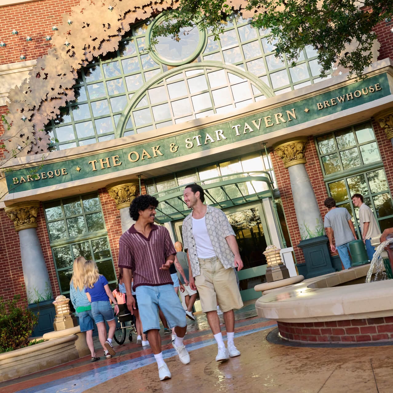 Two friends leaving The Oak and Star Tavern in Celestial Park.