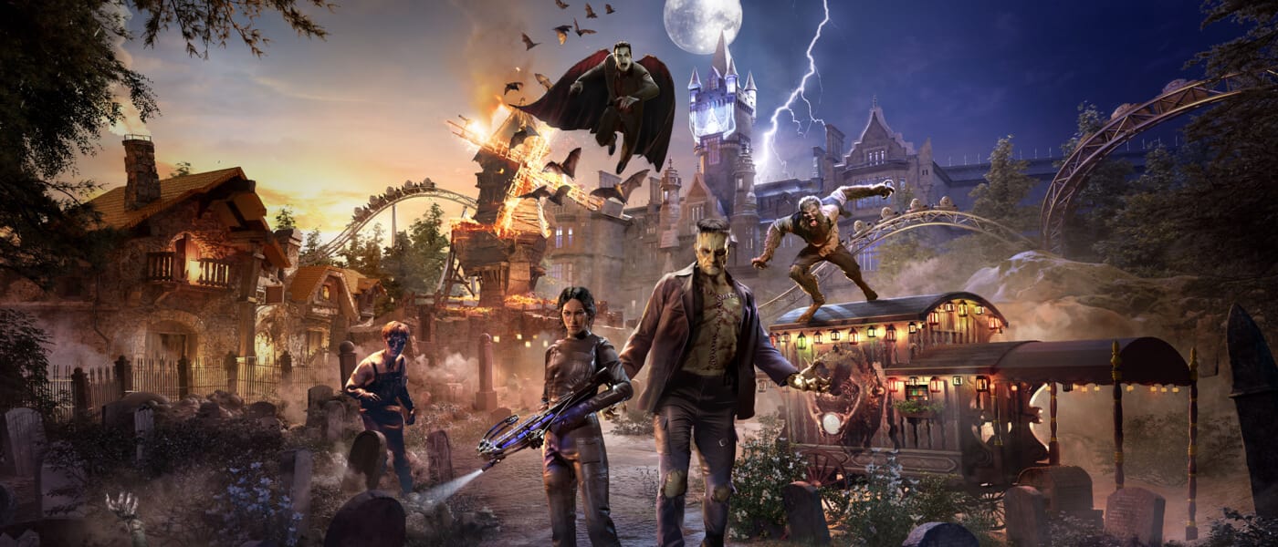 Artist conceptual rendering — Guests smile and take photos by the cemetery in Darkmoor Village at Dark Universe.