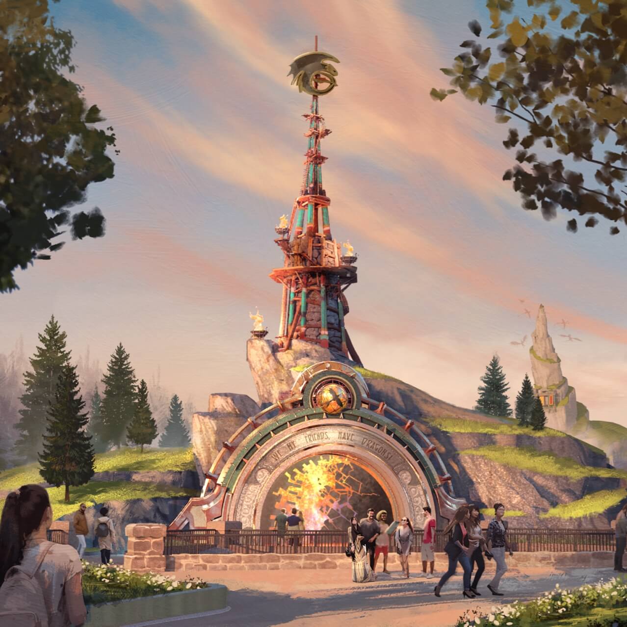 Artist conceptual rendering How to Train Your Dragon Isle of Berk portal entrance in Universal Epic Universe at Universal Orlando Resort.