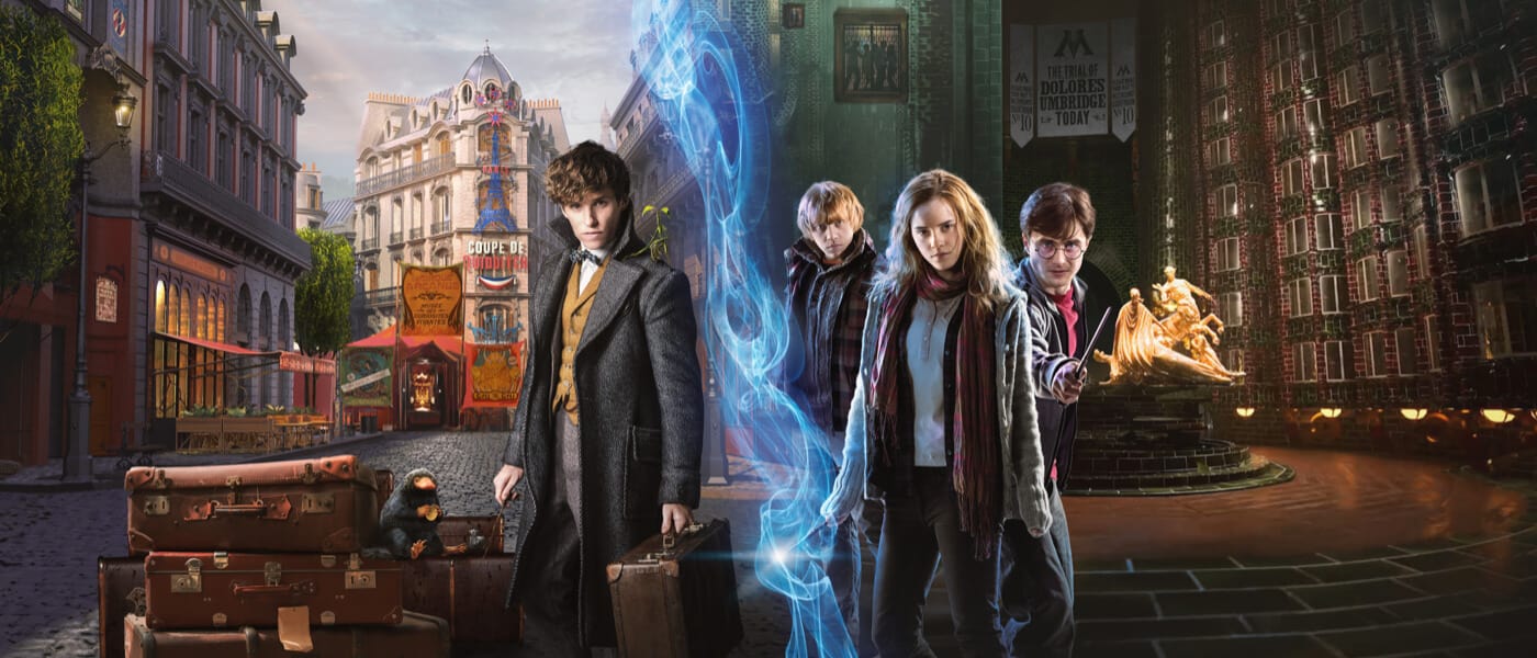 Artist conceptual rendering - Newt in 1920s Paris and Harry, Hermione and Ron in 1990s British Ministry of Magic, with a blue streak dividing them.