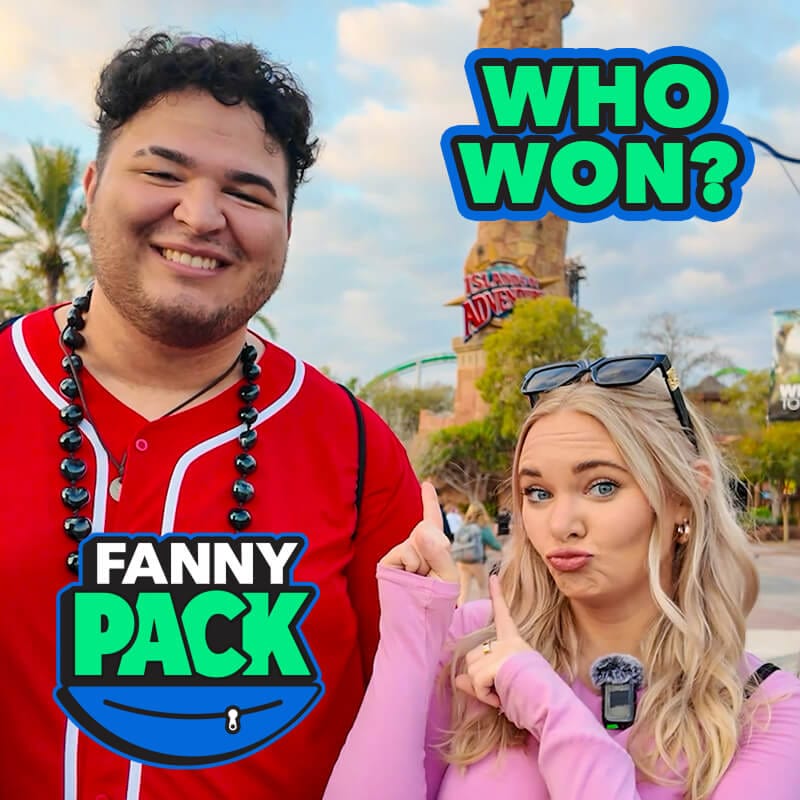 Four guests taking a selfie in front of Universal Islands of Adventure, with a "FANNY PACK" logo and the words “WHO WON?”