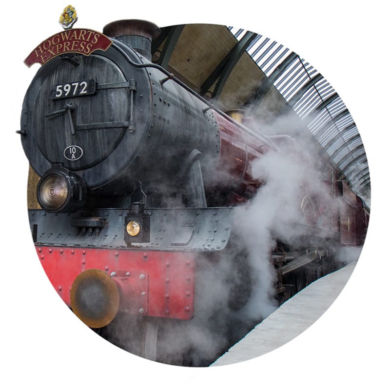 A cut out of the Hogwarts Express blowing steam at Platform 9 and 3/4.