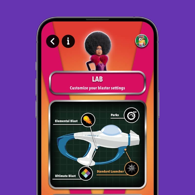 A mobile phone screen shows the gameplay app for Illumination's Villain-Con Minion Blast attraction. We see a description of the game's blaster and how to customise it, along with a drawing of the villain Belle Bottom