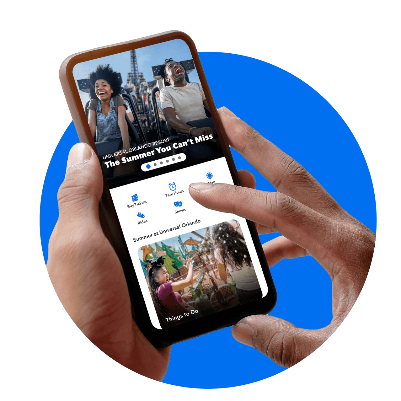 A hand holding a mobile device as they view the Universal Orlando Resort App featuring Summer at Universal.