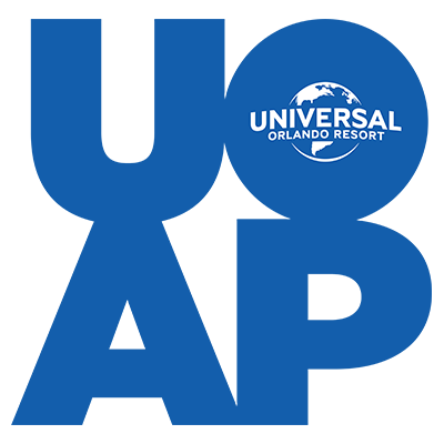 Universal's Annual Pass Logo. Blue "UO" on top of the letters "AP"