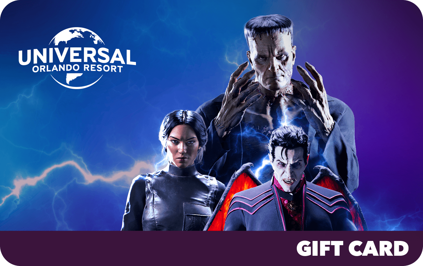 Universal Orlando Resort Gift Card showing Frankenstein's Monster, Dr Victoria Frankenstein and Dracula from Dark Universe.