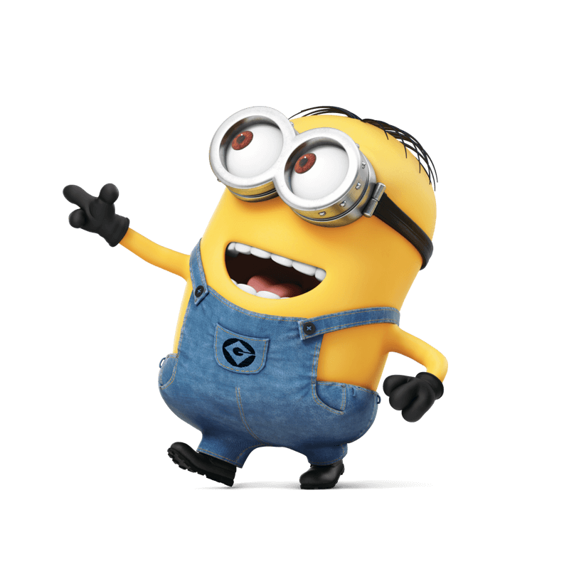 Image of Minion, short yellow character, with black gloves and blue overalls with goggle glasses and black boots.