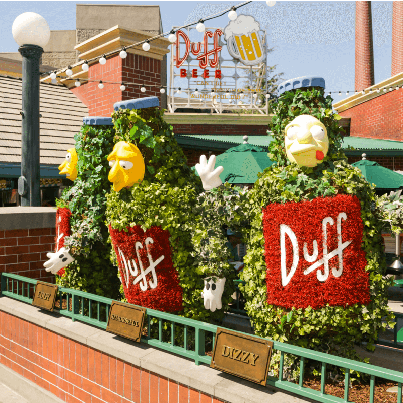 Three of the Seven Duffs: Edgy, Remorseful and Dizzy at Duff Brewery in the Simpsons area of Universal Studios Orlando.