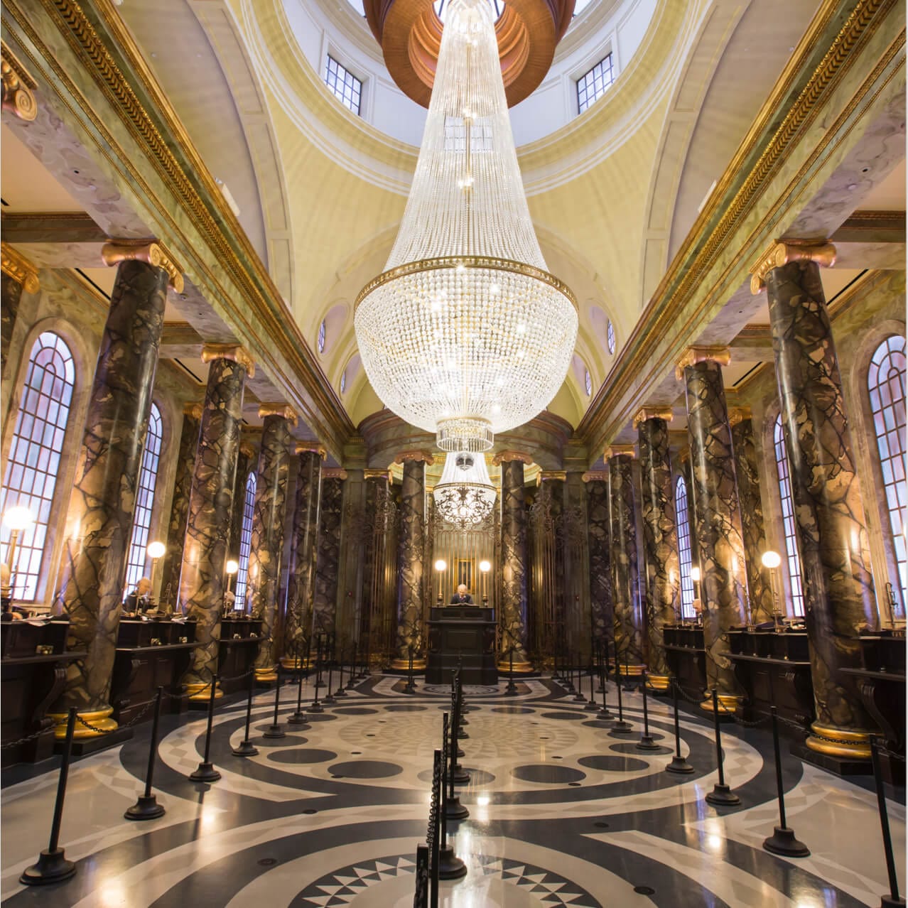 The grand lobby complete with spectacular chandelier inside the entrance to the thrill ride Harry Potter and the Escape from Gringotts at Universal Studios Orlando.