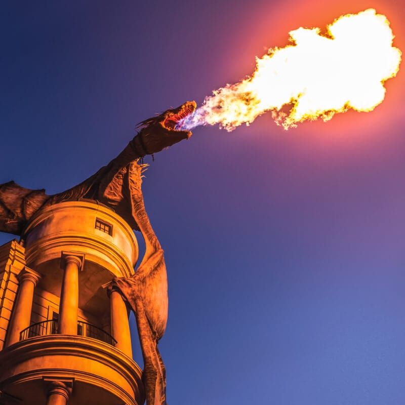 Harry Potter and the Escape from Gringotts Fast Fact Image 1 of fire breathing dragon on top of Gringotts bank.