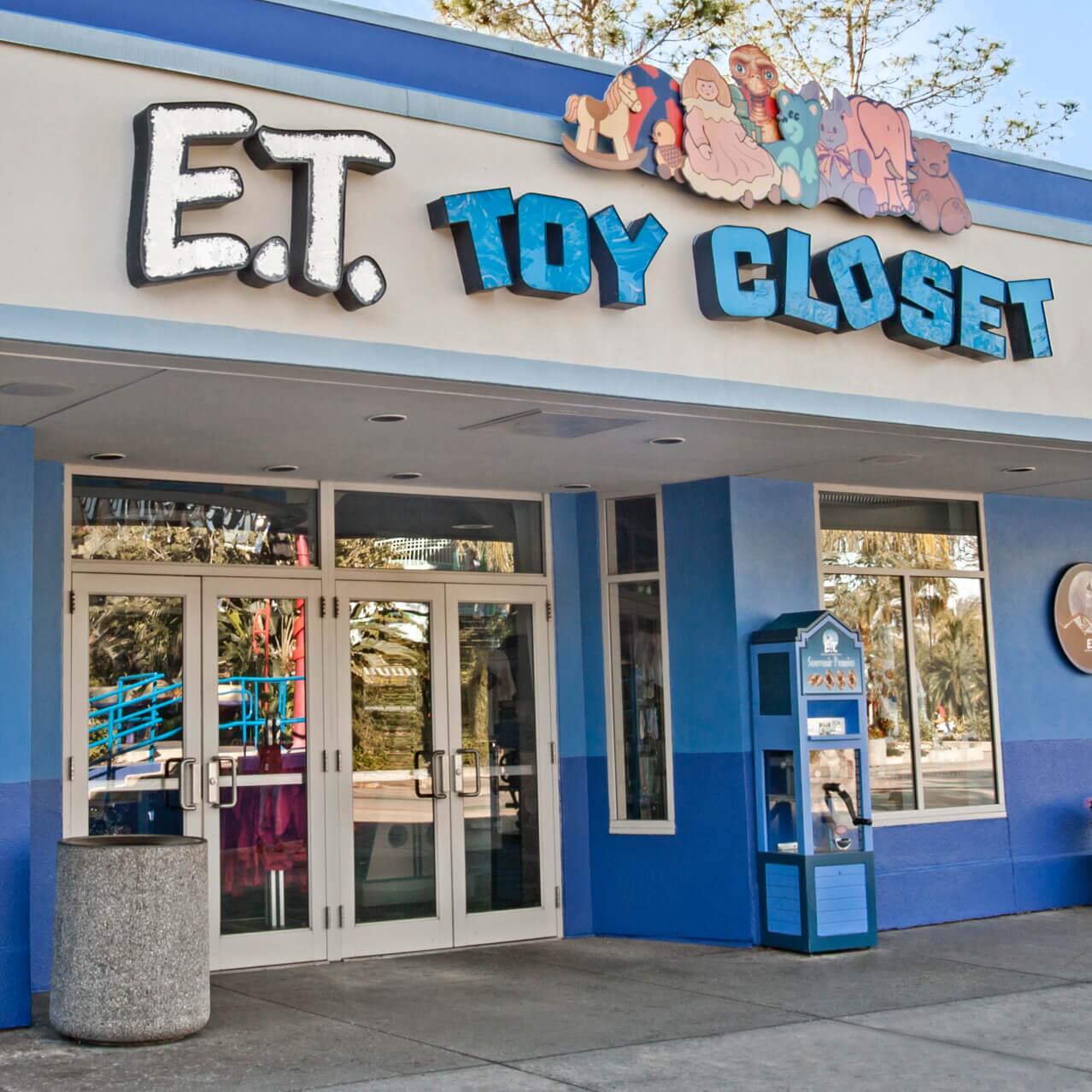 The exterior of E.T.'s Toy Closet & Photo Spot, a family-friendly gift shop and photo studio at Universal Studios Orlando.