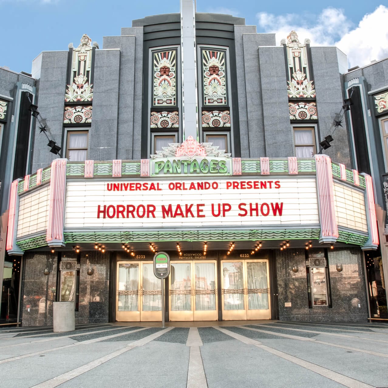 The front marquee outside of Universal Orlando's Horror Make Up Show.