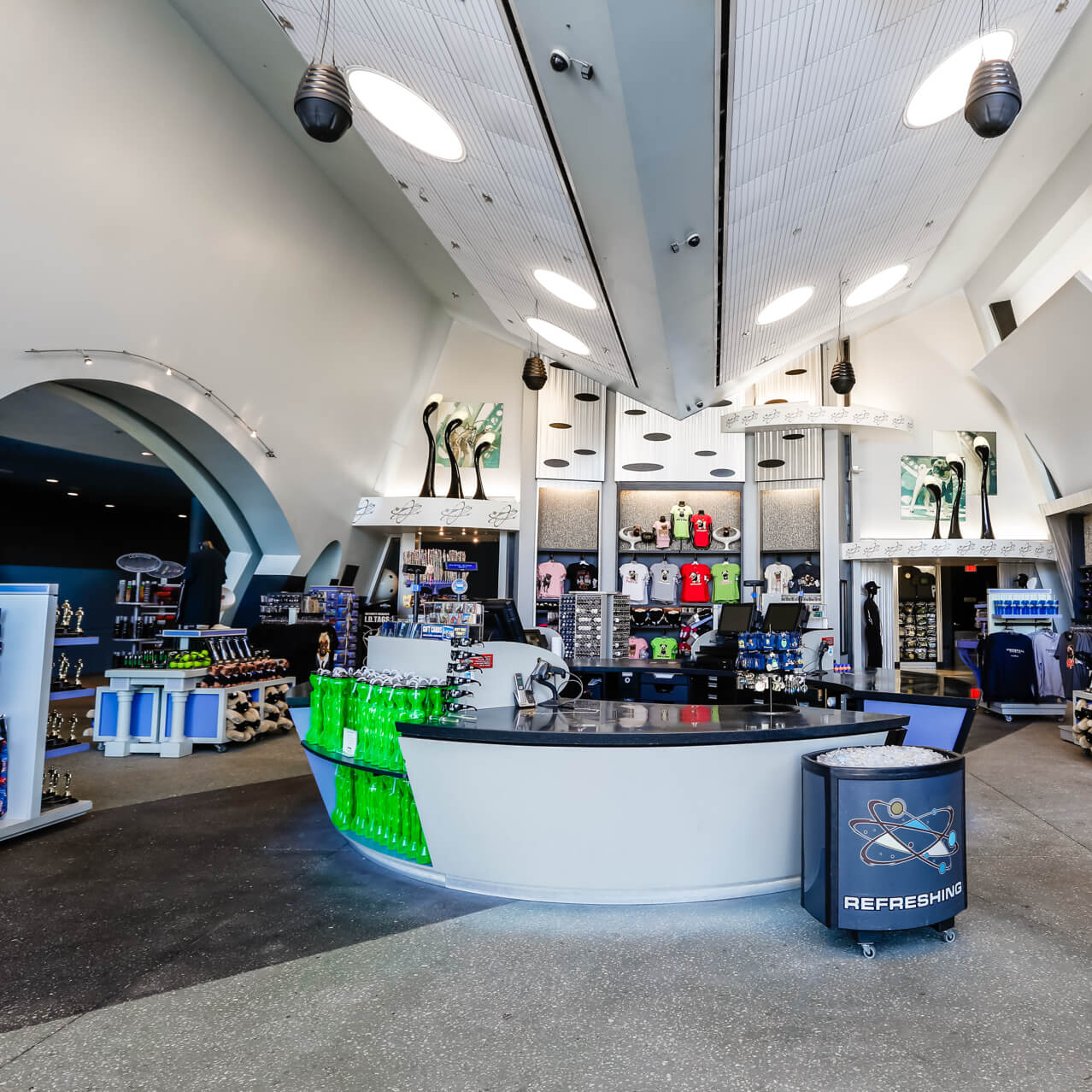 The interior of MIB Gear Shop, a shop at Universal Orlando where you can buy alien inspired gadgets, apparel, holographic jewellery and more.