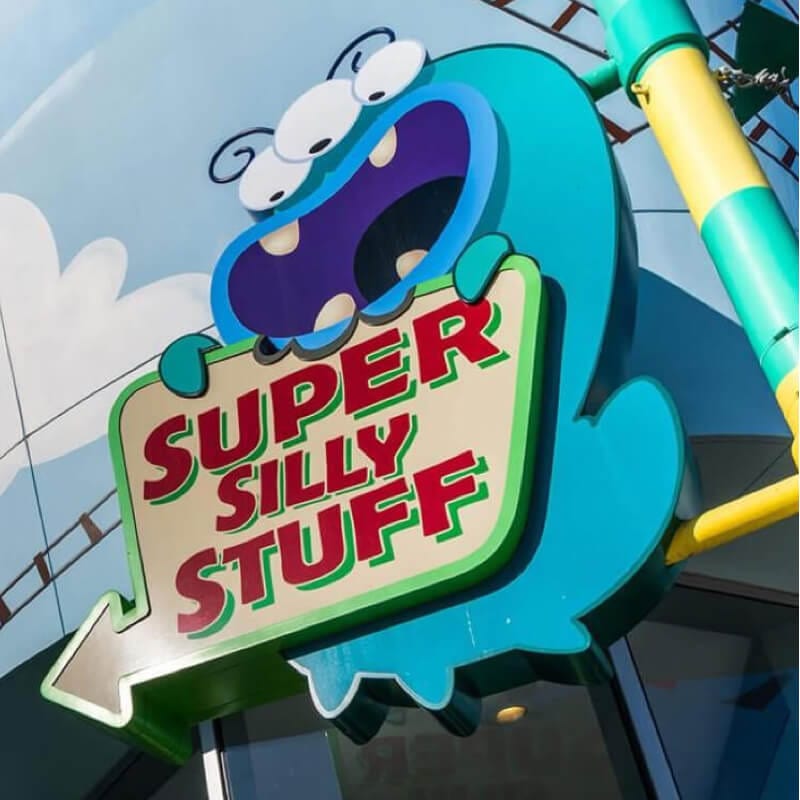 The sign for Super Silly Stuff in Illumination's Minion Land.