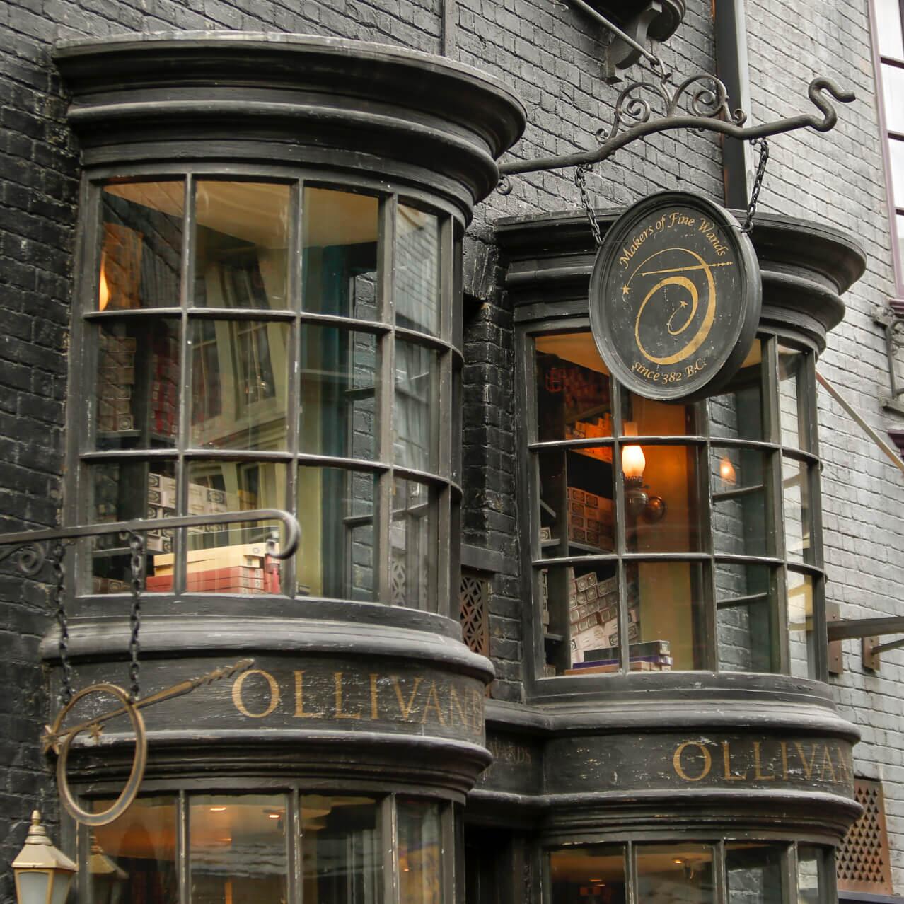 The intriguing entrance to Ollivanders magical wand shop located in The Wizarding World of Harry Potter Diagon Alley at Universal Studios Orlando.