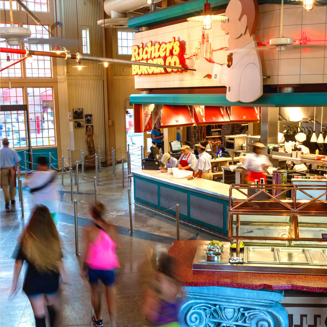 The interior of Richter's Burger Co., an earthquake themed restaurant at Universal Studios Orlando.