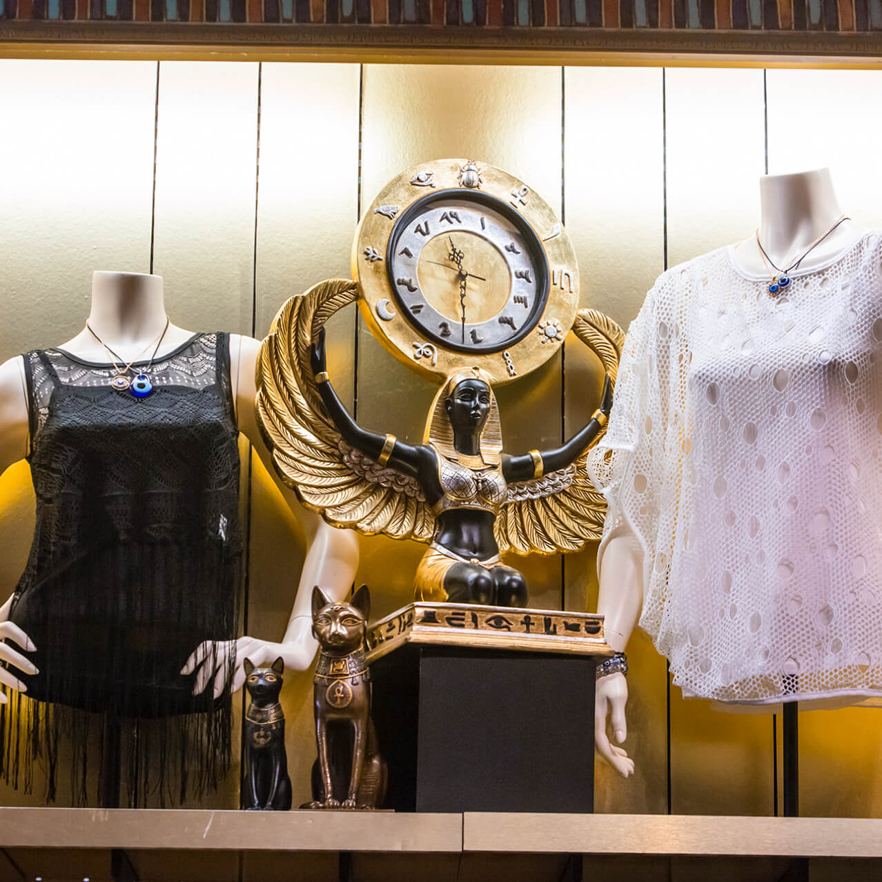 Egypt-inspired clock, decor and clothing on display at Sahara Traders, a gift shop at Universal Studios Orlando designed to look like an excavated Egyptian crypt.