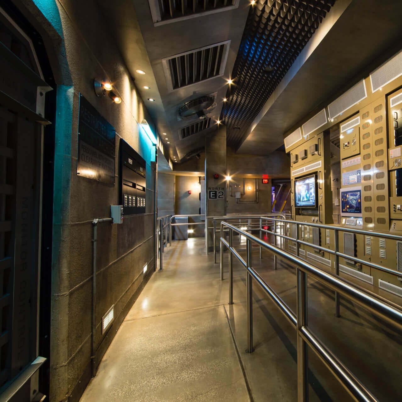 The queue experience for TRANSFORMERS: The Ride-3D at Universal Studios Orlando going through NEST headquarters.