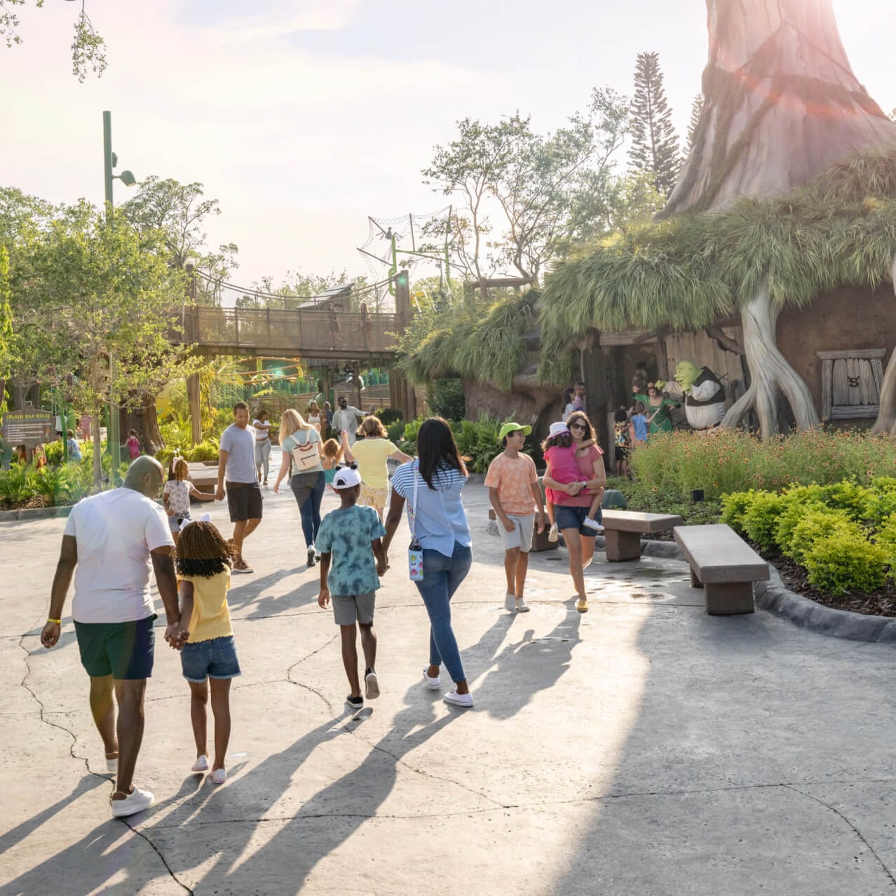 Guests walking through DreamWorks Land at Universal Studios Florida.