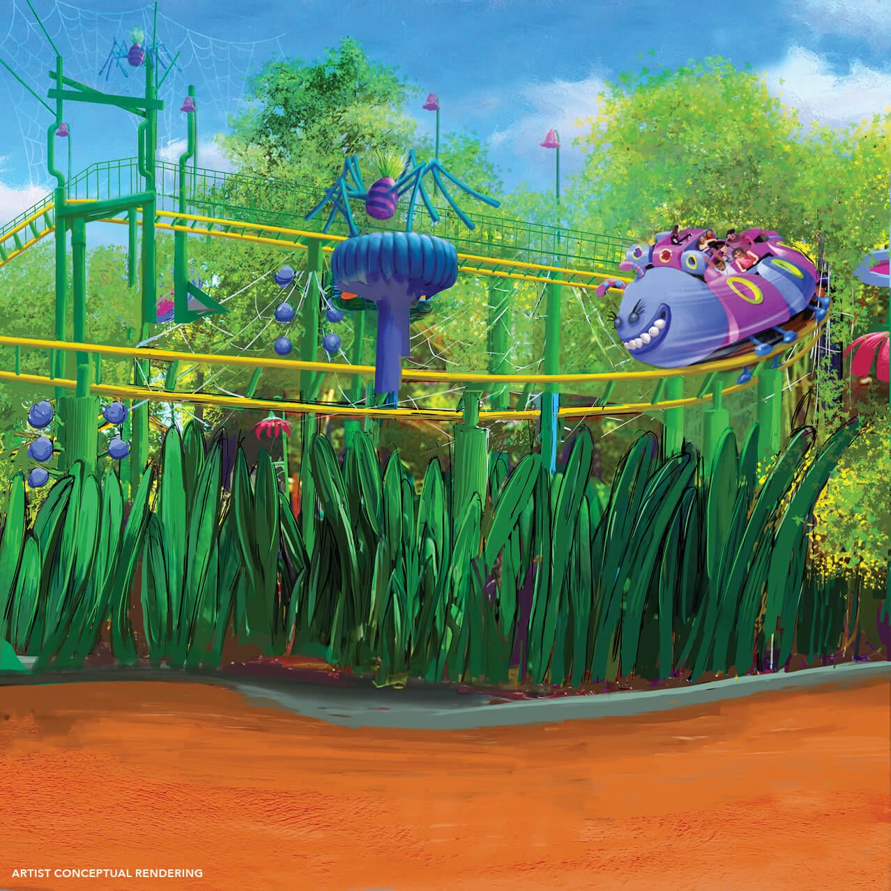 Artist conceptual rendering of Trolls Trollercoaster in DreamWorks Land at Universal Studios Florida.