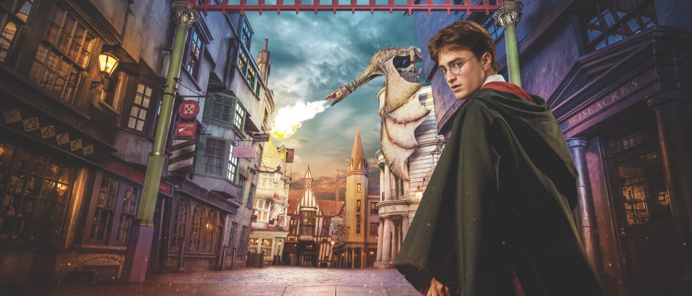 Harry Potter looks back as he walks down the nighttime streets of Diagon Alley, part of the Wizarding World of Harry Potter at Universal Studios Orlando.