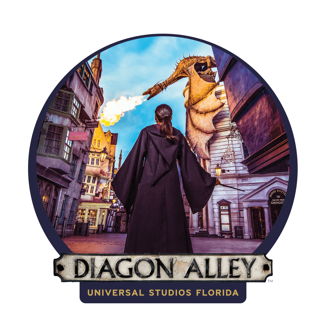 Diagon Alley™ shops loom on either side, as a girl wearing a Hogwarts™ robe with a wand gazes up at a fire-breathing dragon atop Gringotts™ bank in Universal Studios Florida.
