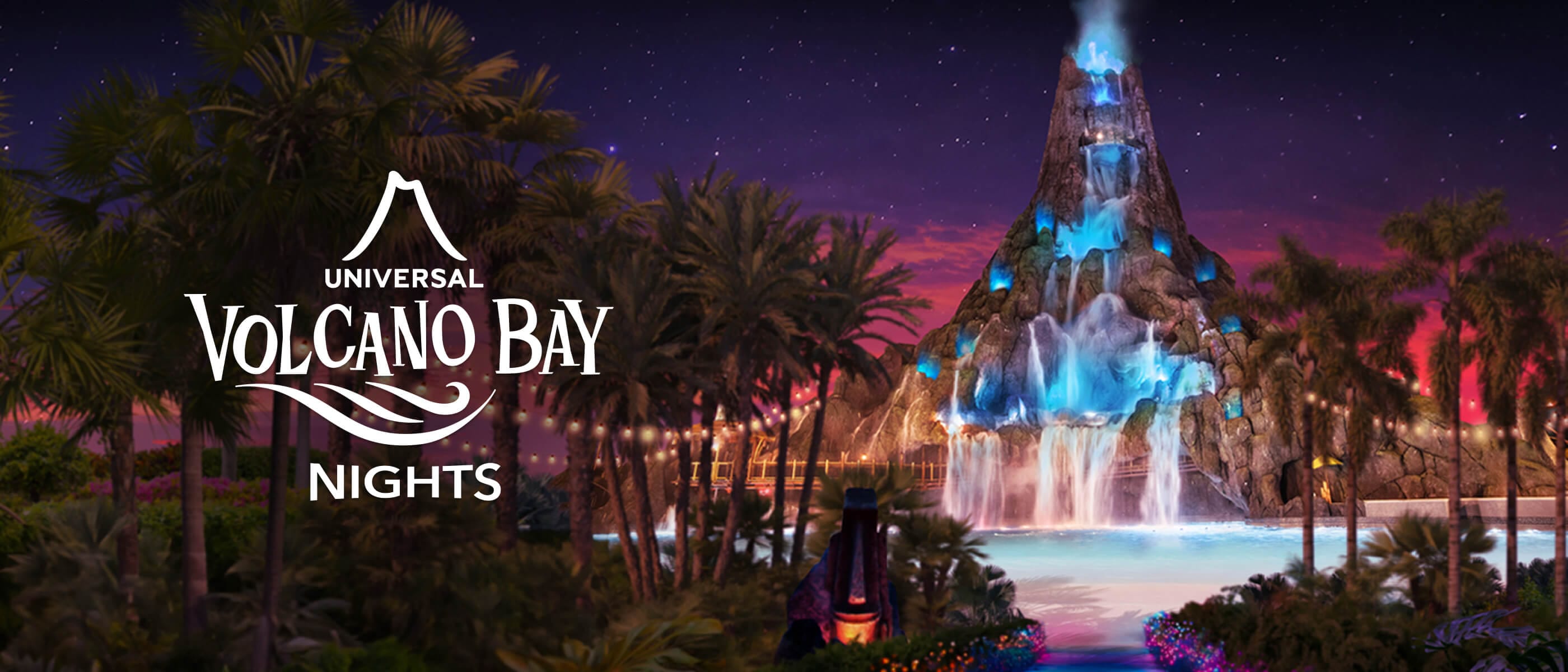 A sunset view of Krakatau illuminated with bright blue lights and the Volcano Bay Nights logo.