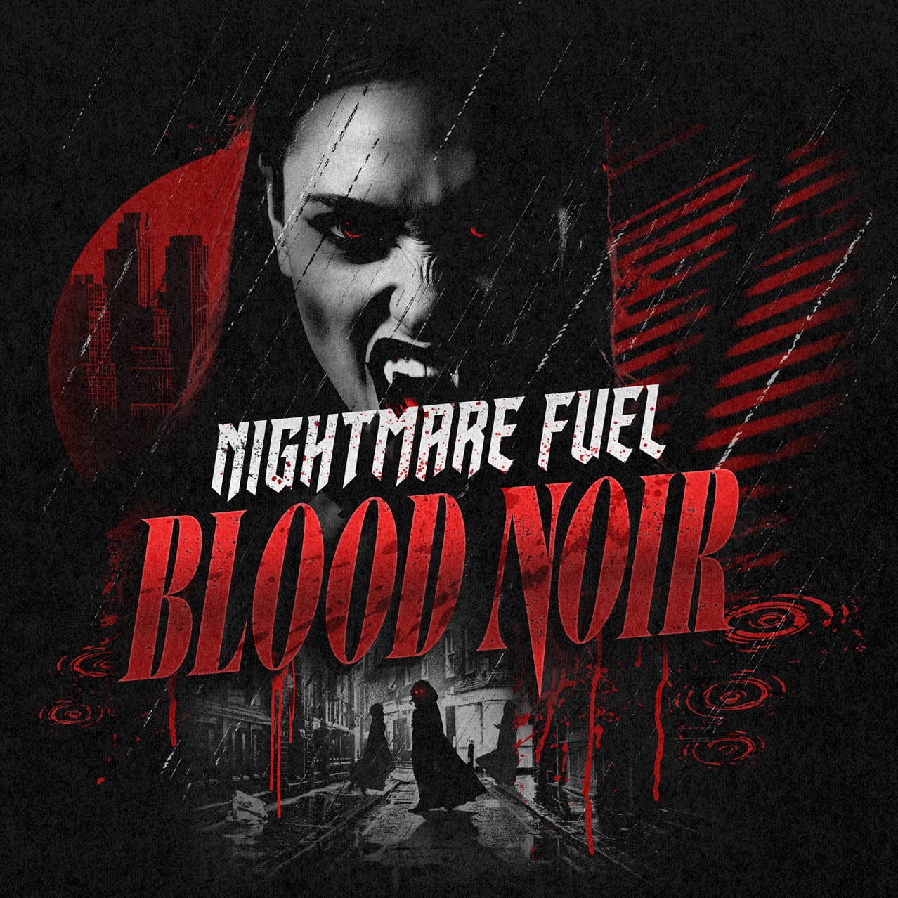 Poster titled “Nightmare Fuel: Blood Noir” featuring a sinister face and a red, textured, horror-themed background.
