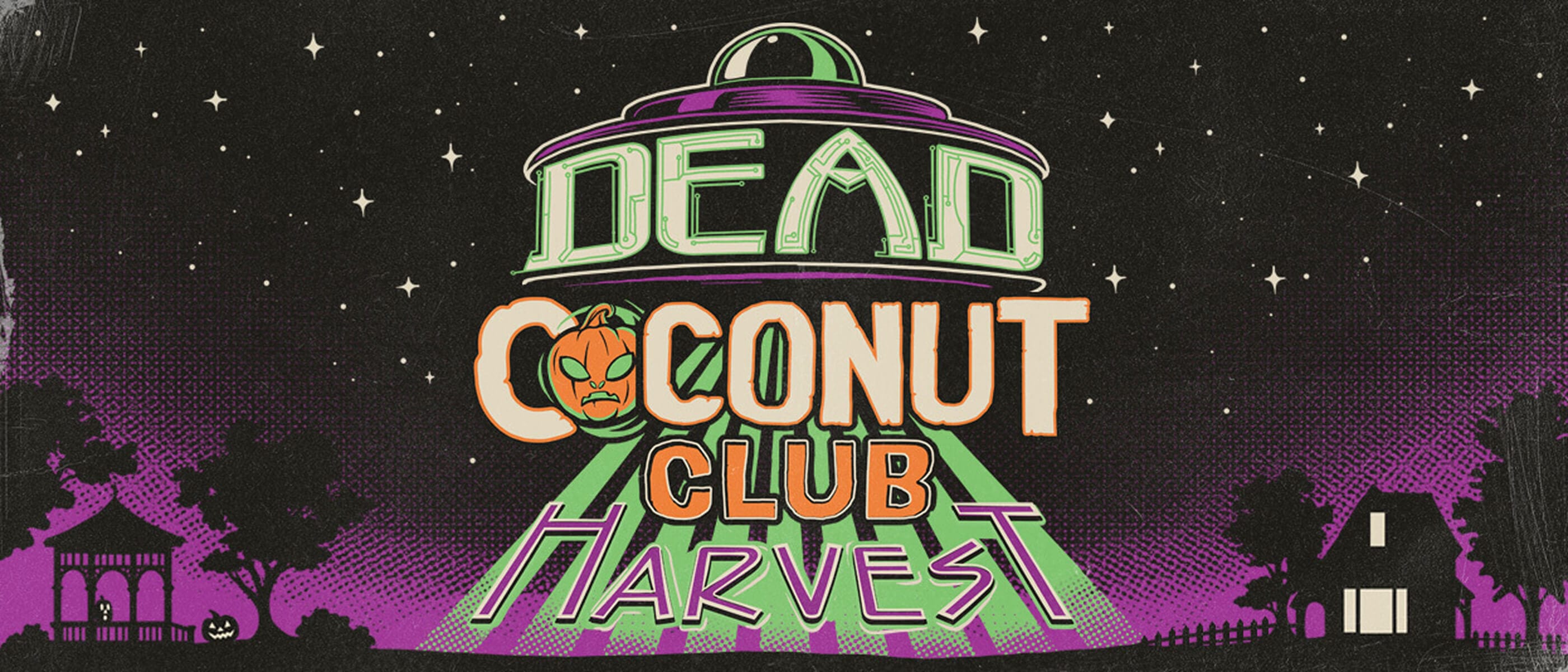 Dead Coconut Club Harvest logo with silhouettes of trees, pumpkins and a house against a purple night sky and overhead stars.