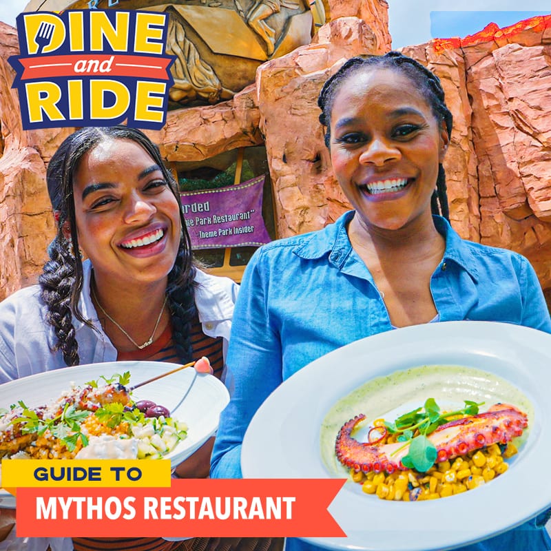 Dine And Ride Hosts holding plates of food while standing in front of Mythos Restaurant with the words ‘GUIDE TO MYTHOS RESTAURANT" at the bottom left.