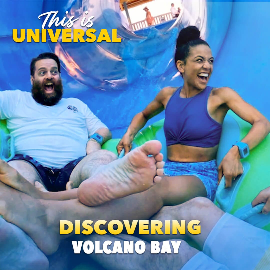 3 friends going down a slide in Volcano Bay. Caption "Discover Volcano Bay"