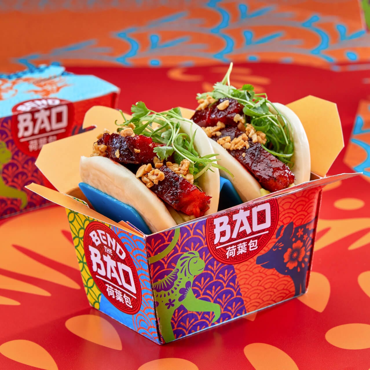 Pork Belly Bao in a take-out box at Bend the Bao in Universal CityWalk.