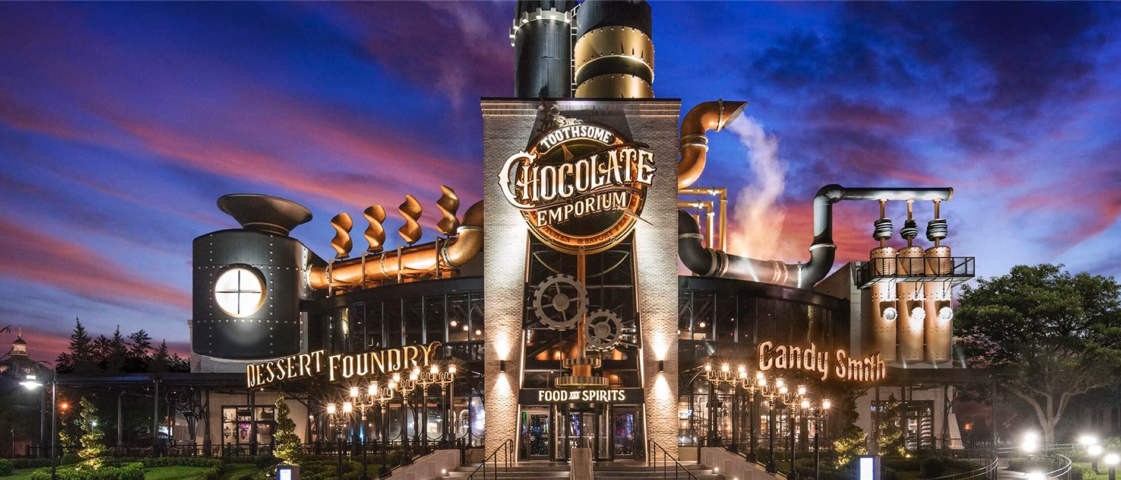 The exterior of Toothsome Chocolate Emporium and Savory Feast Kitchen, a full service restaurant at Universal CityWalk Orlando that serves an array of decadent dishes and delicious desserts.