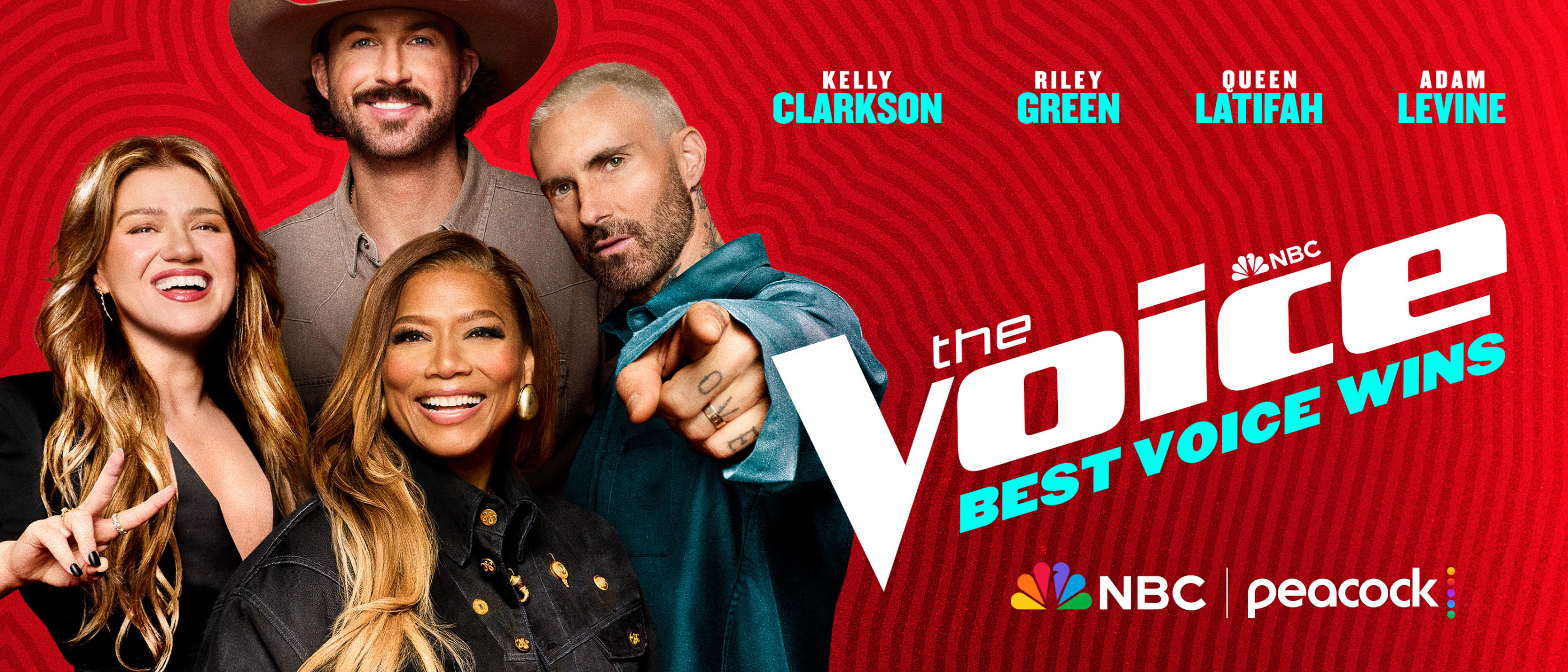 Promotional banner for NBC's 'The Voice' featuring coaches Kelly Clarkson, Riley Green, Queen Latifah, and Adam Levine, with the tagline 'Best Voice Wins'.