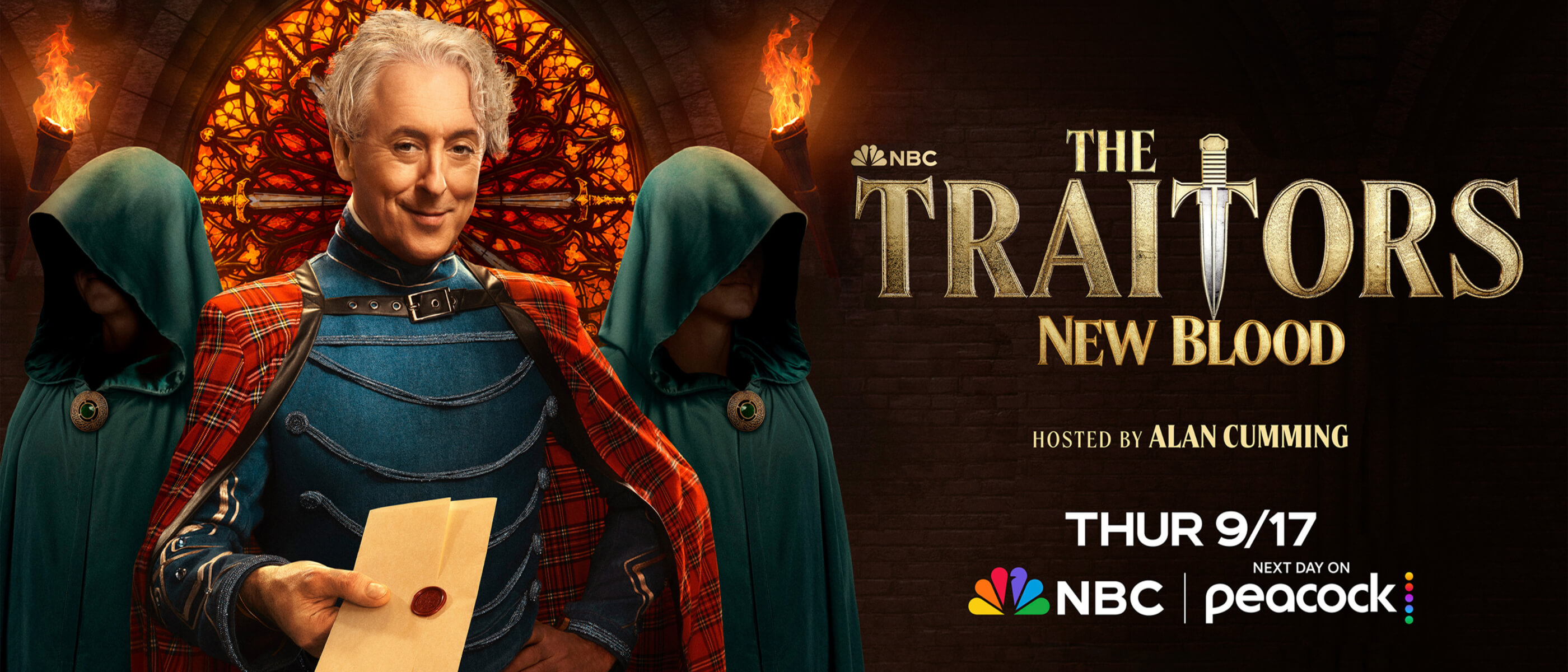 Promotional banner for NBC's 'The Traitors: New Blood' featuring host Alan Cumming and two hooded figures.