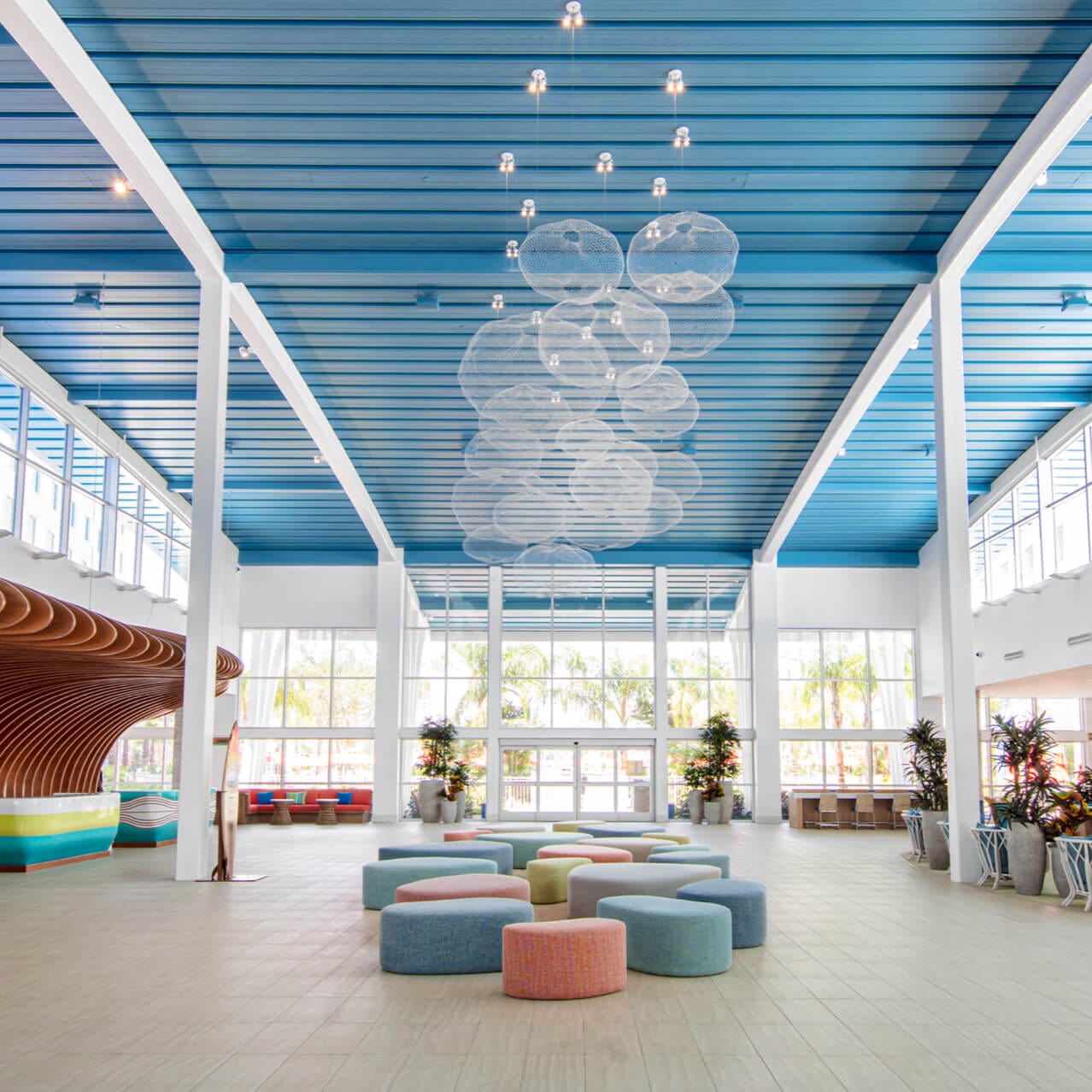 The spacious lobby of Surfside Inn and Suites, the first of two hotels at Universal's Endless Summer Resort.