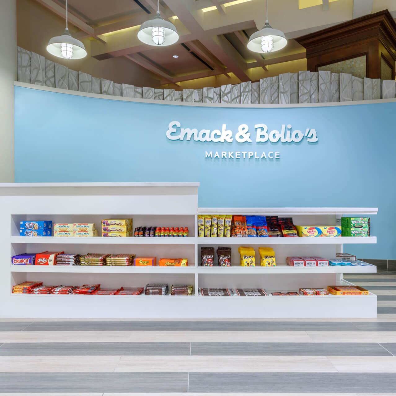 The counter at Emack and Bolio's Marketplace at Hard Rock Hotel Orlando features a wide selection of candies and snacks.