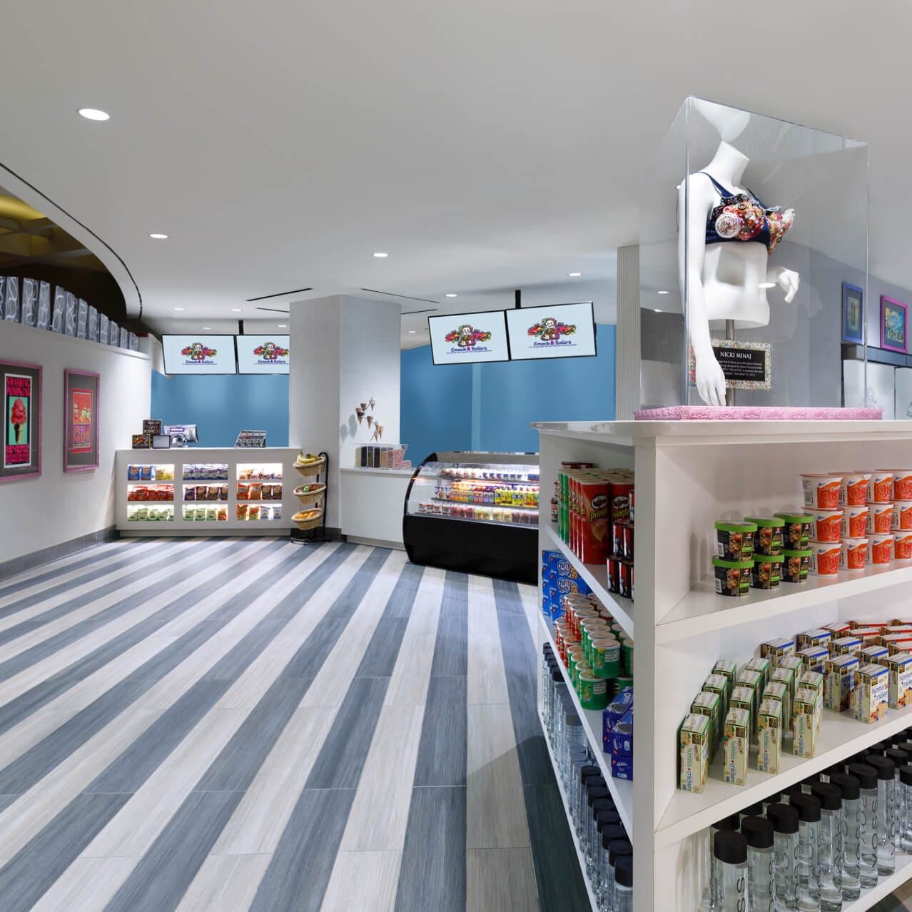 A shelf of grab and go snacks sits at the front of Emack and Bolio's at Hard Rock Hotel Orlando.