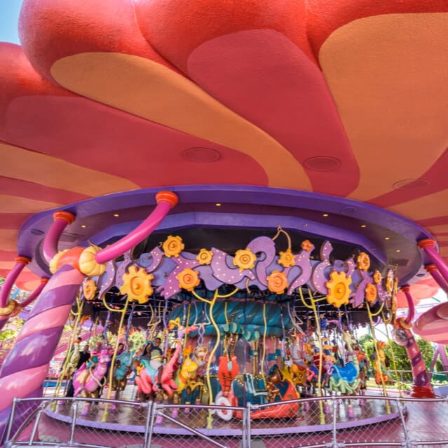 Wide view of the Caro-Seuss-el, a carousel filled with fanciful Dr. Seuss characters at Universal's Islands of Adventure in Orlando.