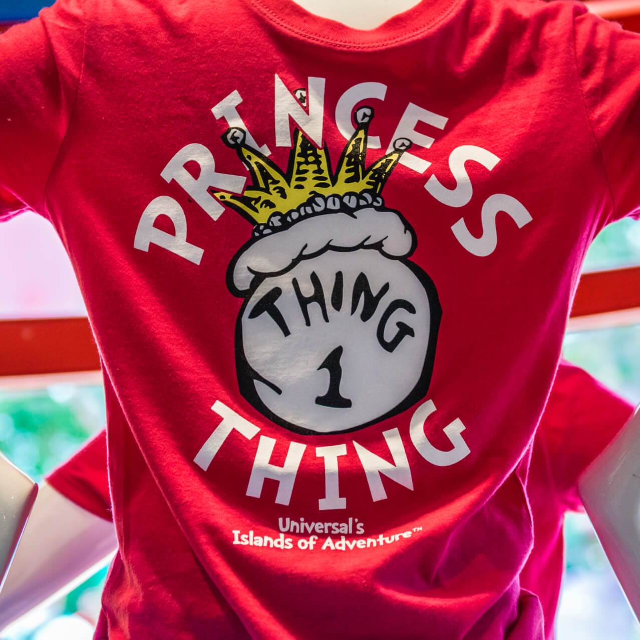 A red shirt on display inside the Dr. Seuss themed shop Cats, Hats and Things reads 'Princess Thing'.