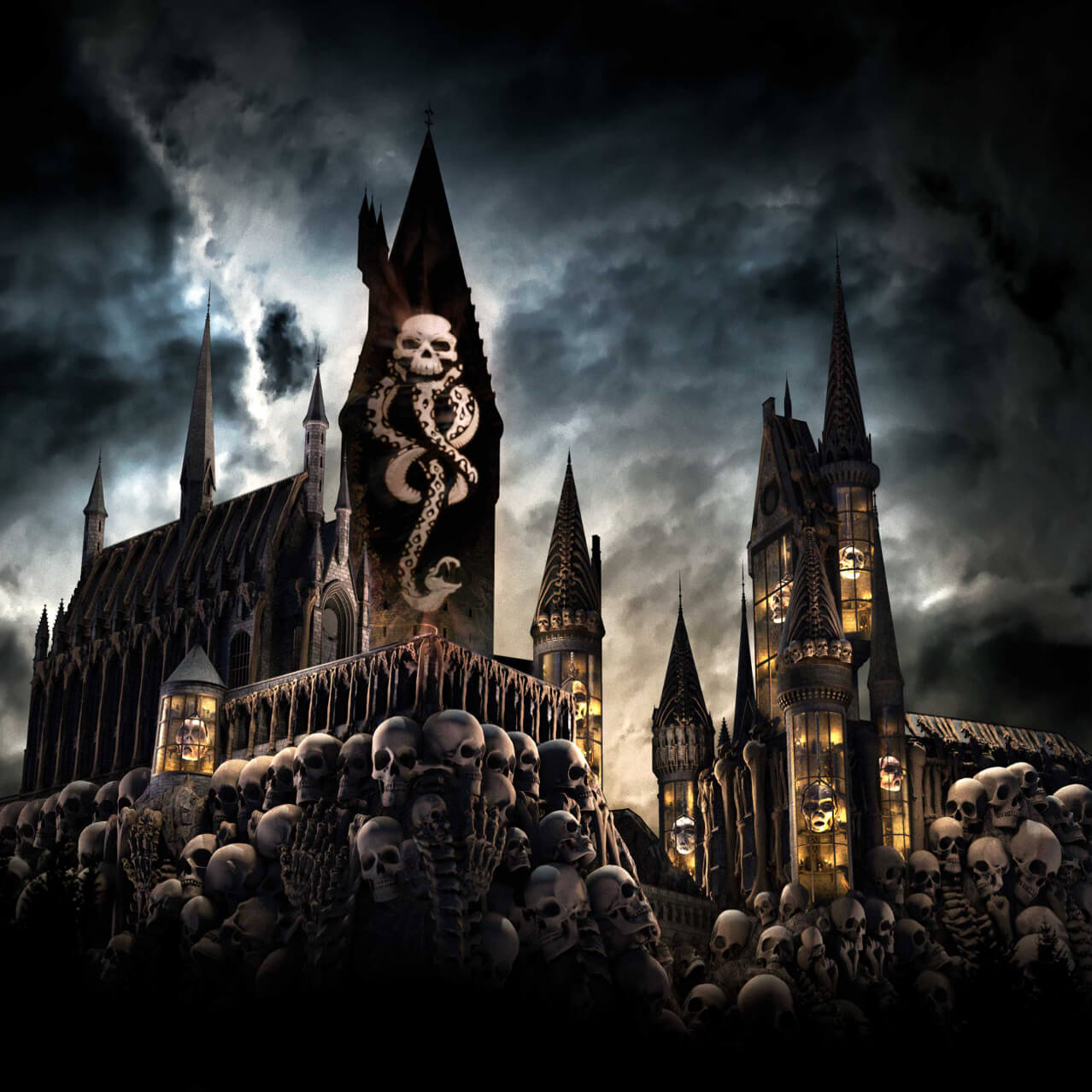 An image of Hogwarts™ castle with the Dark Mark projected on it with a dark, cloudy sky behind it.