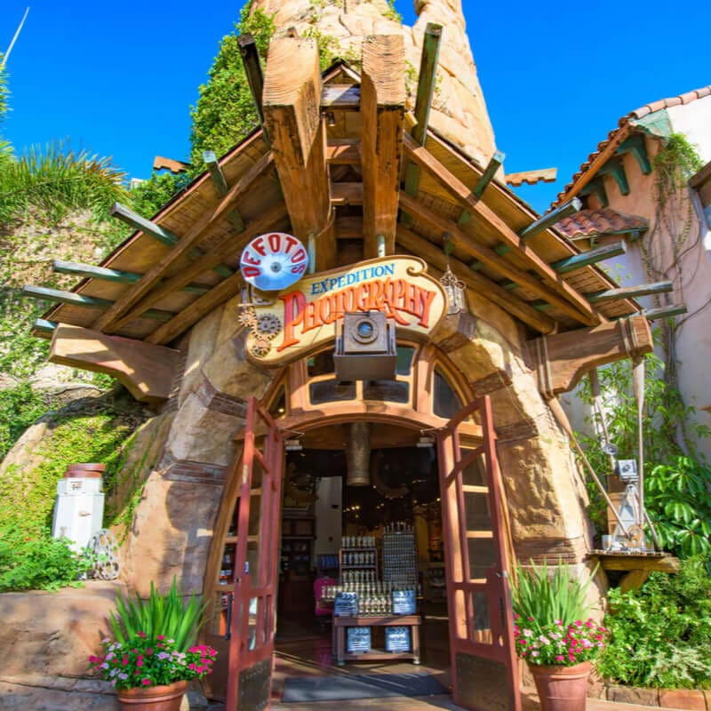 The entrance to DeFoto's Expedition Photography, a gift shop in the Port of Entry area of Universal's Islands of Adventure in Orlando, where you can pick up photos taken throughout the park.