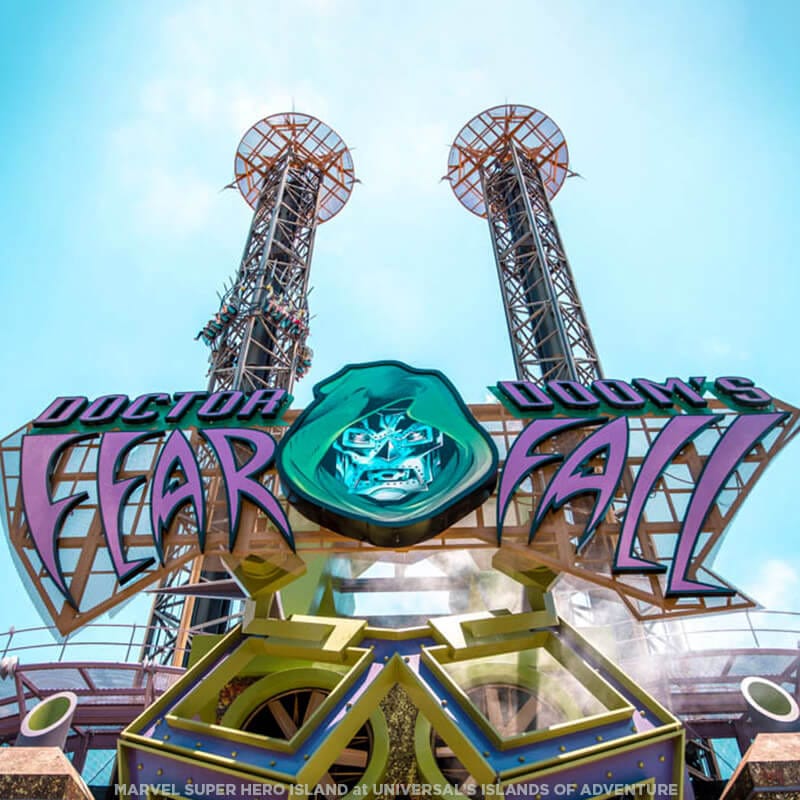 The exterior and two towers of Doctor Doom's Fearfall at Universal Islands of Adventure.