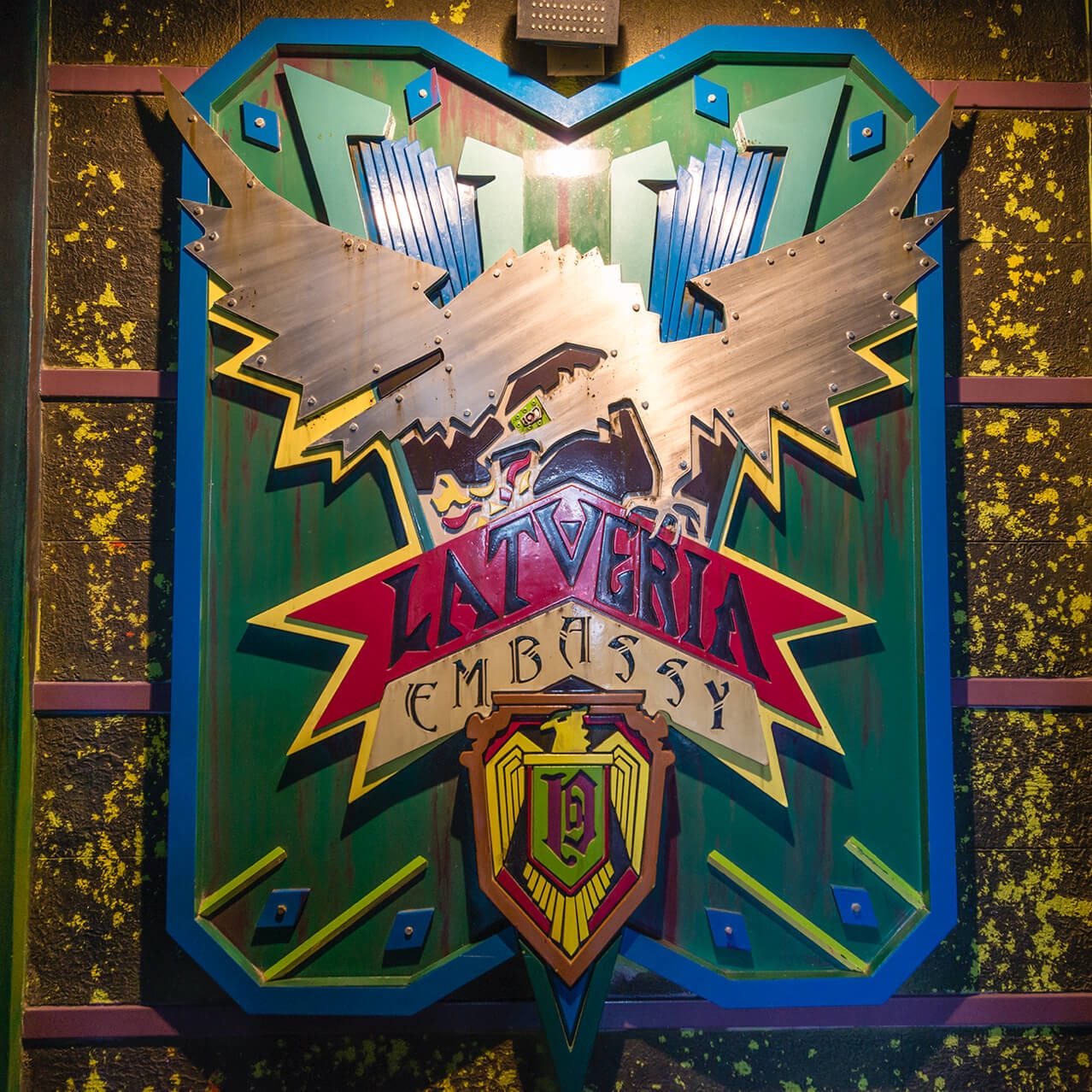 A bold crest in the queue line of Doctor Doom's Fearfall reads "Latveria Embassy."
