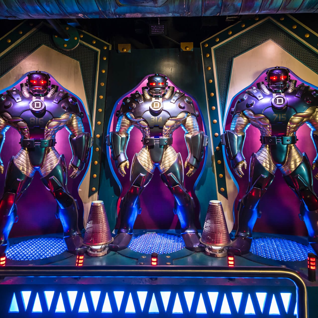 Doombots guard the queue line that leads up to Doctor Doom's Fearfall ride at Universal Orlando.