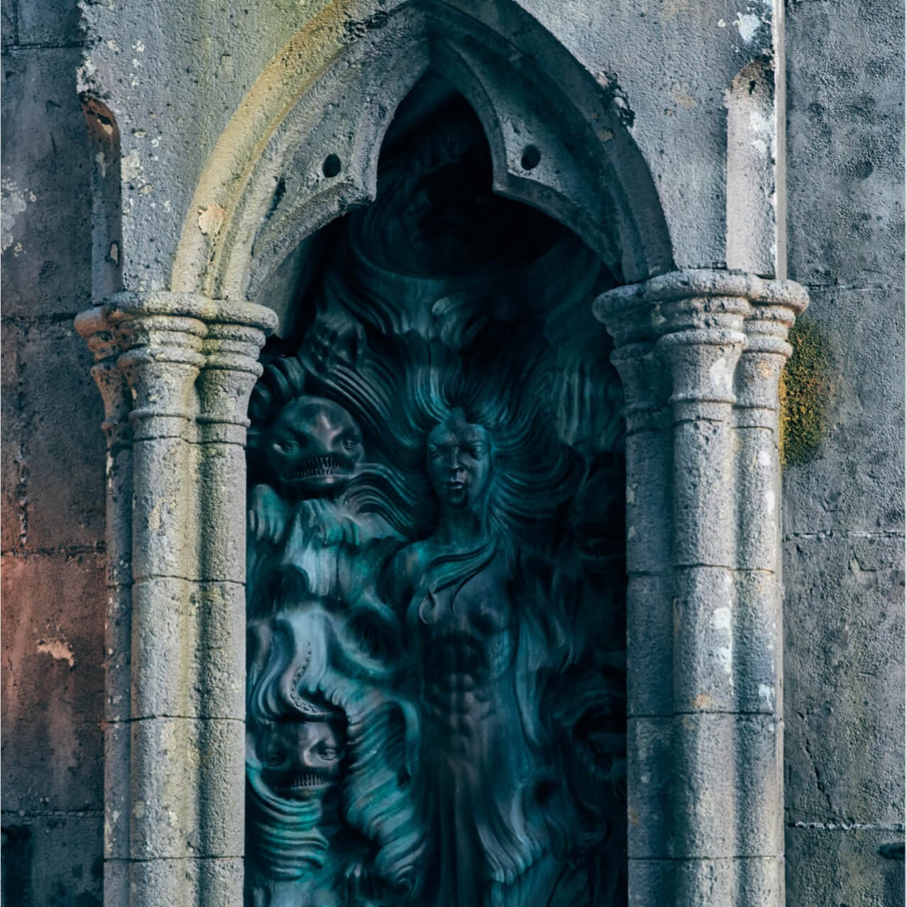 Stone carvings and pillars from the ruins within the Forbidden Forest of Hagrid's Magical Creatures Motorbike Adventure™.