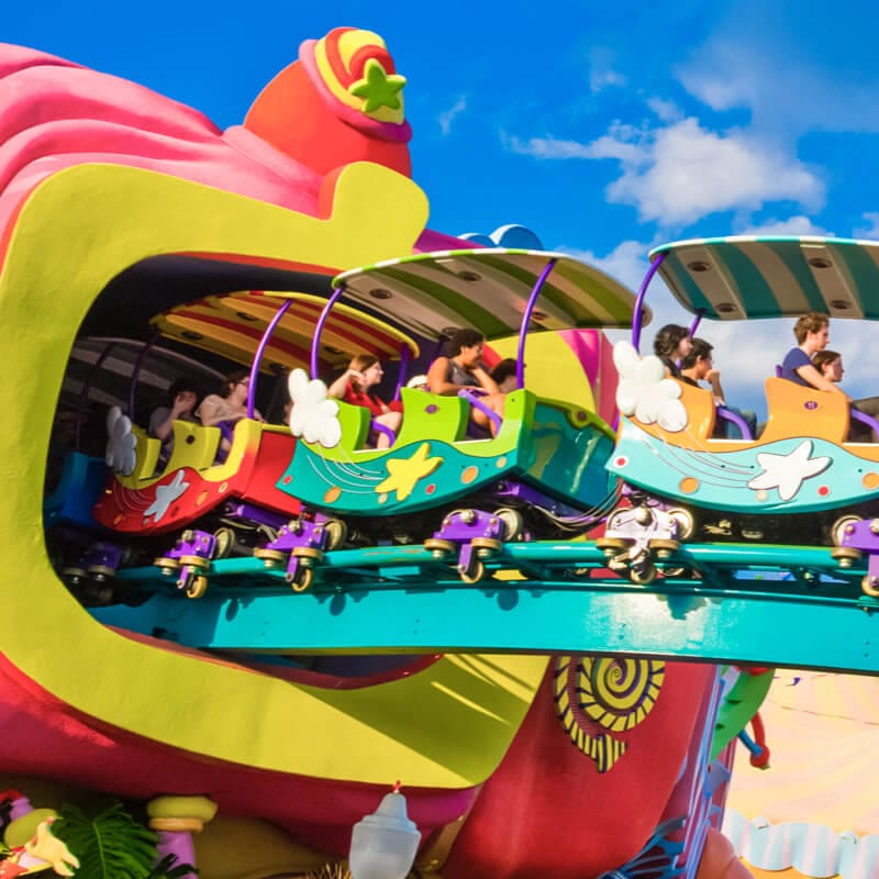 Riders enjoying the view from The High in the Sky Seuss Trolley Train Ride at Universal's Islands of Adventure.